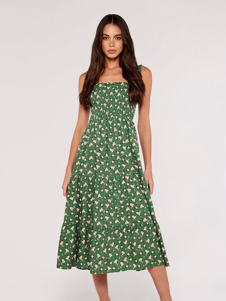 Buy Apricot Green Multi Ditsy Floral Smocked Midi Dress from the