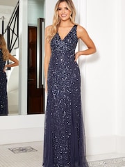 Sistaglam Navy Blue Petite Sleeveless Wrap Embellished Sequin V-Neck Maxi Dress - Image 1 of 5