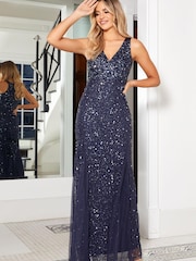 Sistaglam Navy Blue Petite Sleeveless Wrap Embellished Sequin V-Neck Maxi Dress - Image 4 of 5