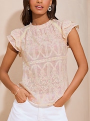 Lipsy Pink Broderie Ruffle Short Sleeve Blouse - Image 4 of 4