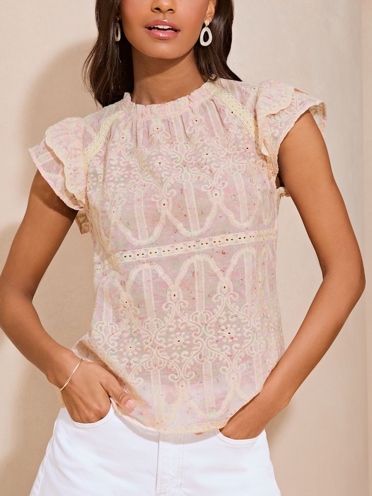 Lipsy Pink Broderie Ruffle Short Sleeve Blouse - Image 4 of 4