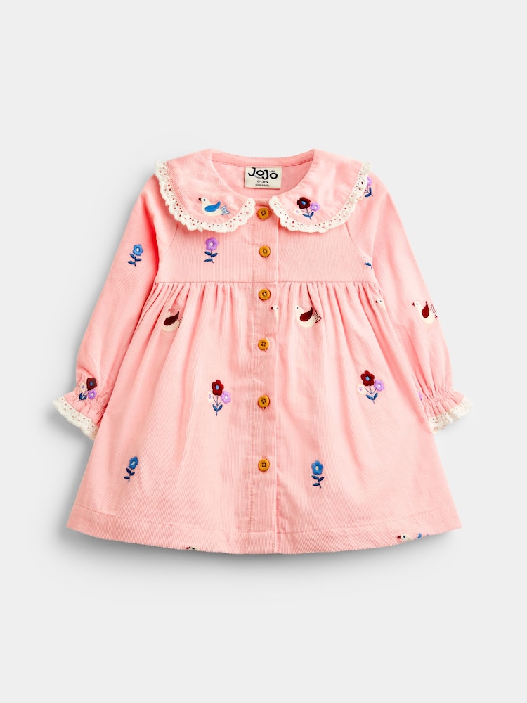 JoJo Maman Bébé Pink Bird & Floral Embroidered Cord Baby Dress - Image 1 of 4 JoJo Maman Bébé Pink Bird & Floral Embroidered Cord Baby Dress - Image 1 of 4