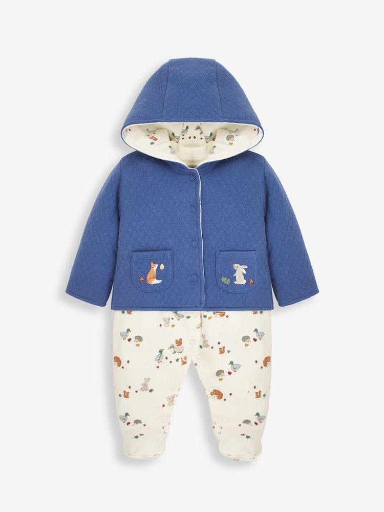 JoJo Maman Bébé Indigo 2-Piece Woodland Sleepsuit & Embroidered Pocket Jacket Set - Image 1 of 5