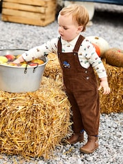 JoJo Maman Bébé Toffee Brown Tractor Embroidered Pocket Cord Dungarees - Image 1 of 4