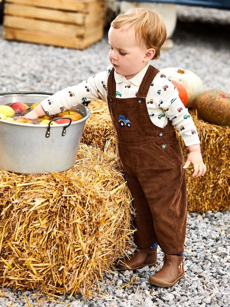 JoJo Maman Bébé Toffee Brown Tractor Embroidered Pocket Cord Dungarees - Image 1 of 4