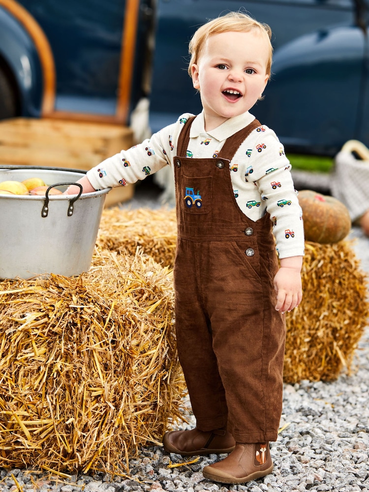 JoJo Maman Bébé Toffee Brown Tractor Embroidered Pocket Cord Dungarees - Image 2 of 4 JoJo Maman Bébé Toffee Brown Tractor Embroidered Pocket Cord Dungarees - Image 2 of 4