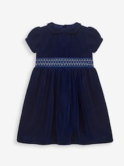 JoJo Maman Bébé Navy Velvet Smocked Party Dress - Image 1 of 3