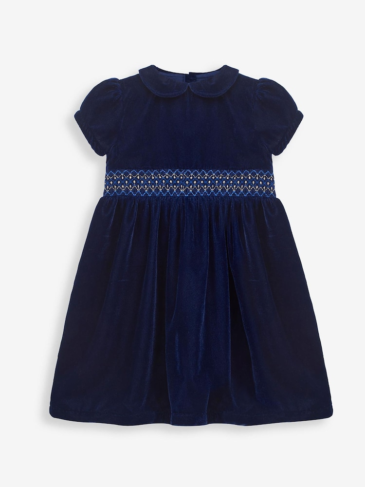 JoJo Maman Bébé Navy Velvet Smocked Party Dress - Image 1 of 3