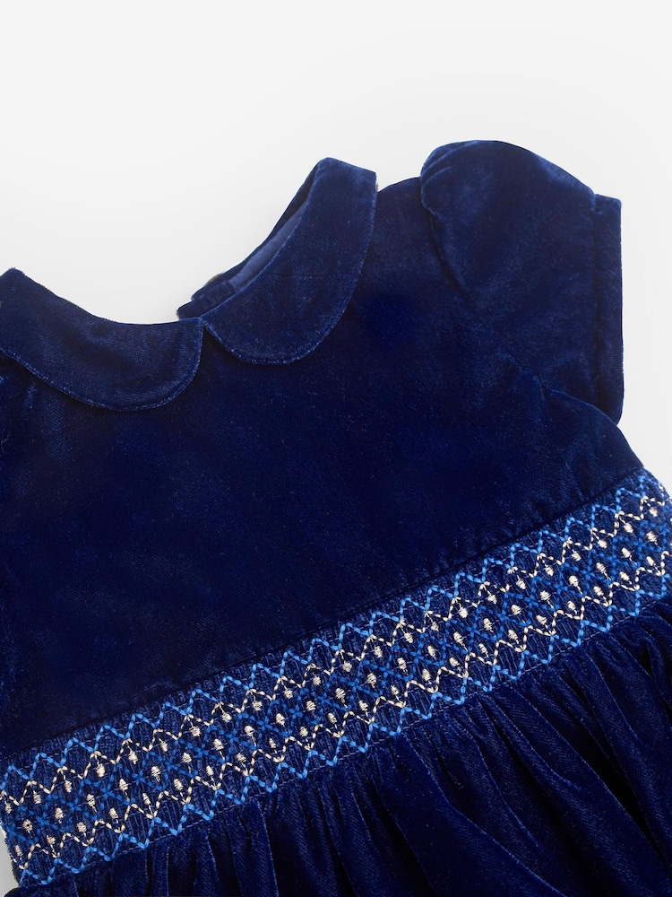 JoJo Maman Bébé Navy Velvet Smocked Party Dress - Image 2 of 3