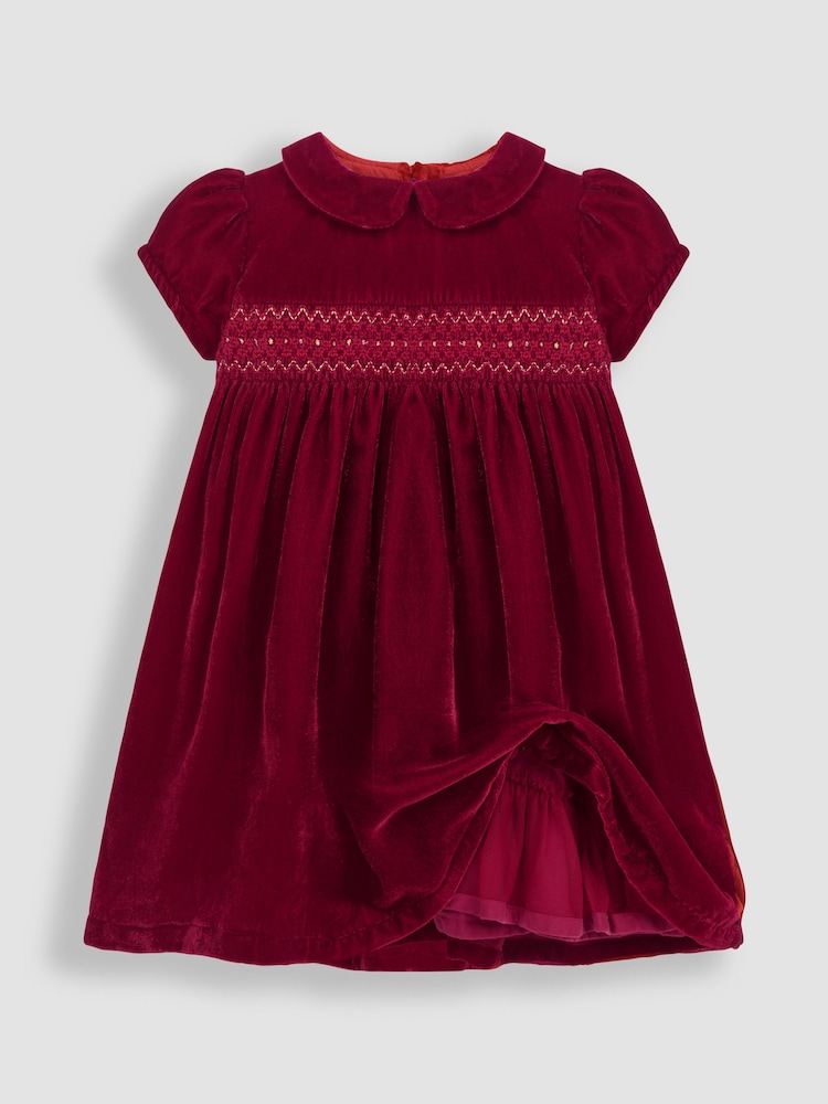 JoJo Maman Bébé Red Smocked Velvet Party Dress - Image 2 of 5