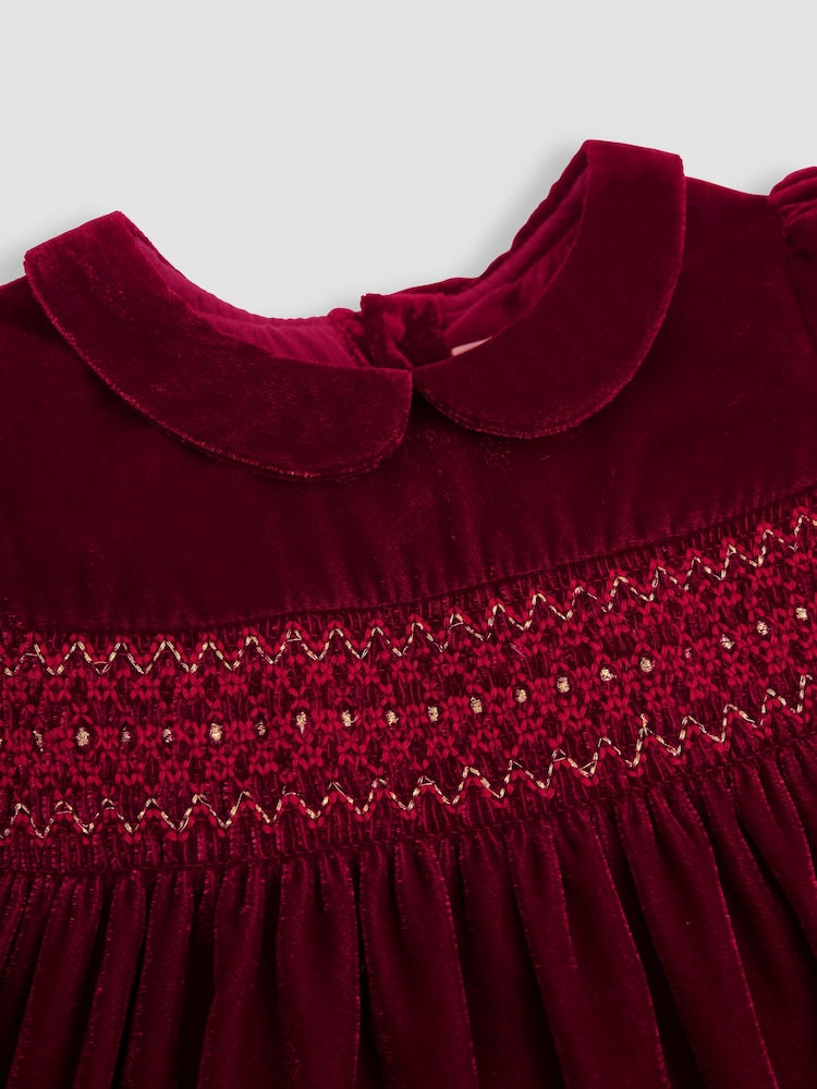 JoJo Maman Bébé Red Smocked Velvet Party Dress - Image 3 of 5