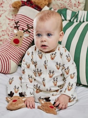 JoJo Maman Bébé Cream Reindeer Heads Print Zip Sleepsuit - Image 1 of 7