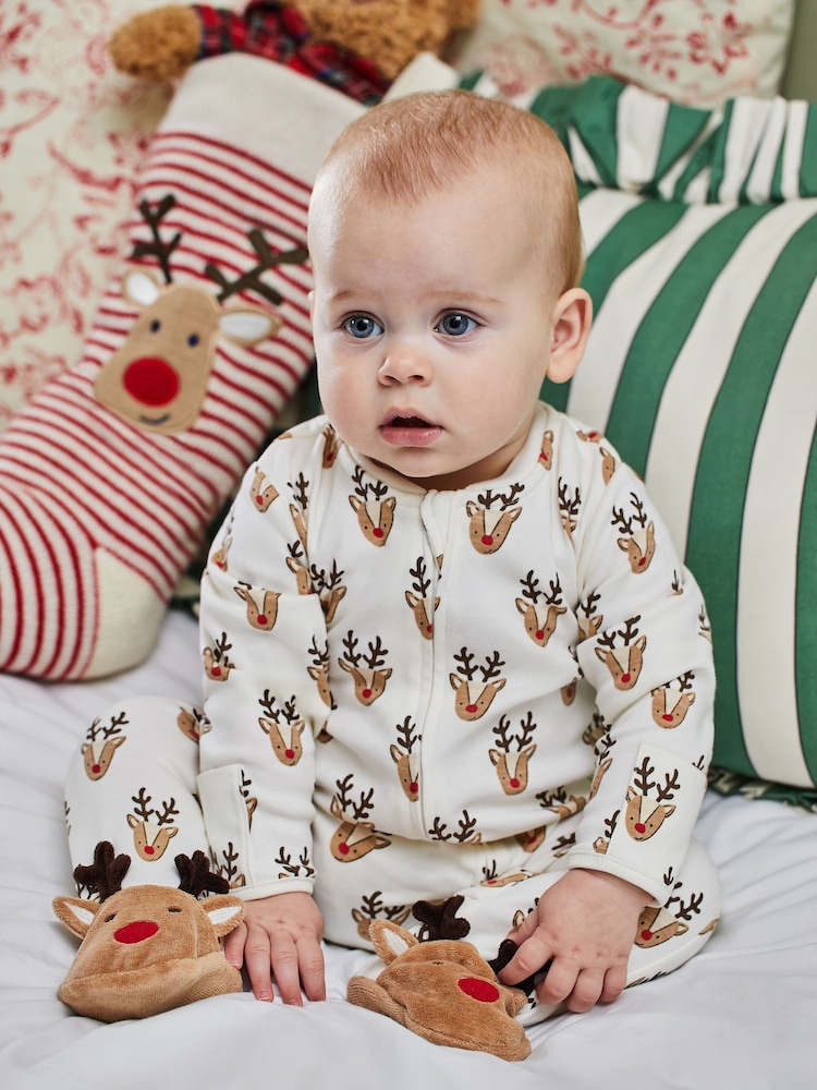 JoJo Maman Bébé Cream Reindeer Heads Print Zip Sleepsuit - Image 1 of 7