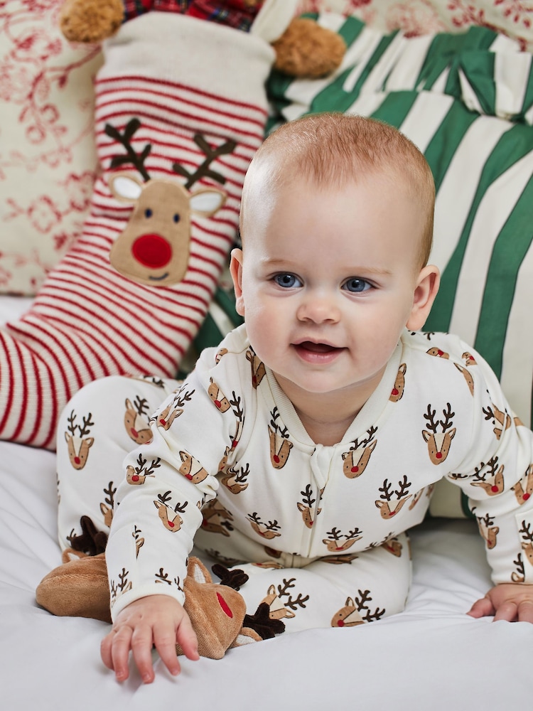 JoJo Maman Bébé Cream Reindeer Heads Print Zip Sleepsuit - Image 2 of 7