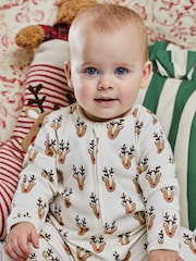 JoJo Maman Bébé Cream Reindeer Heads Print Zip Sleepsuit - Image 3 of 7