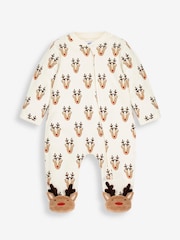 JoJo Maman Bébé Cream Reindeer Heads Print Zip Sleepsuit - Image 5 of 7