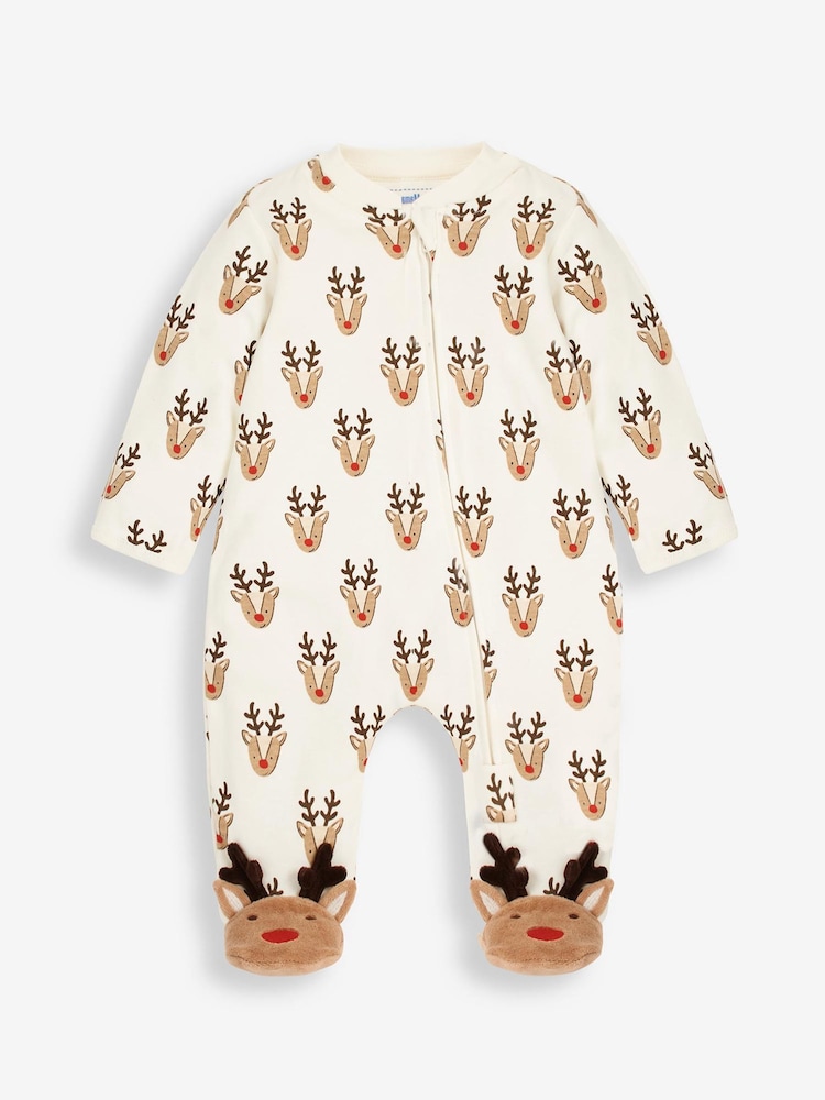 JoJo Maman Bébé Cream Reindeer Heads Print Zip Sleepsuit - Image 5 of 7