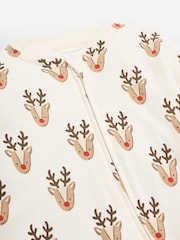 JoJo Maman Bébé Cream Reindeer Heads Print Zip Sleepsuit - Image 6 of 7