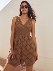 Chocolate Brown V-Neck Crochet Playsuit - Image 1 of 6