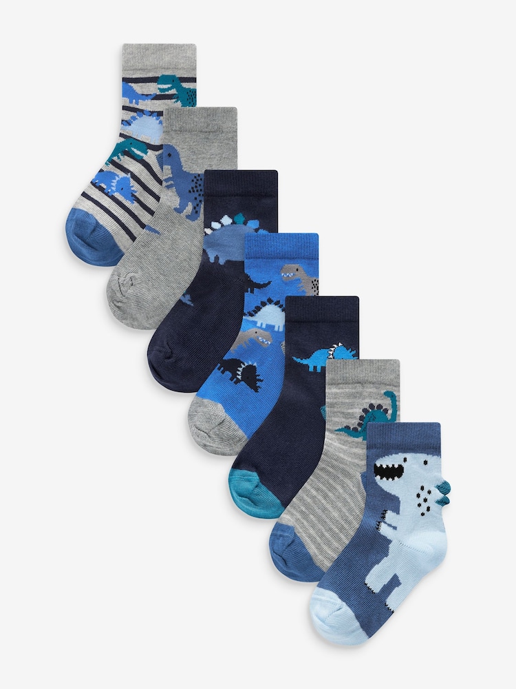 Blue Dino Cotton Rich Socks 7 Pack - Image 1 of 1