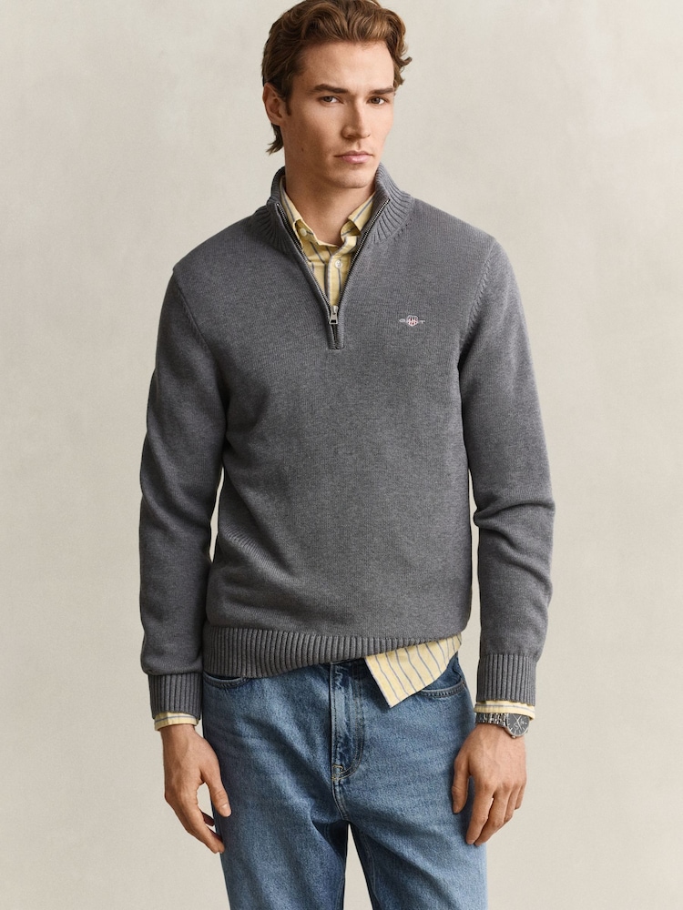 GANT Grey Zip Neck Jumper - Image 1 of 5 GANT Grey Zip Neck Jumper - Image 1 of 5