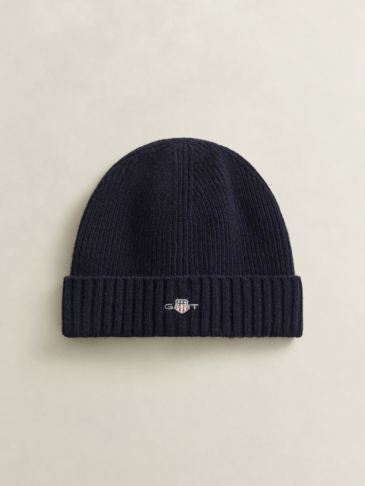GANT Blue Shield Logo Wool Blend Beanie Hat - Image 2 of 2 GANT Blue Shield Logo Wool Blend Beanie Hat - Image 2 of 2