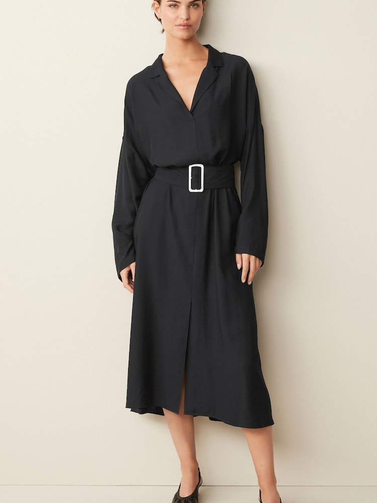 Black Belted Long Sleeve Midi Dress - Image 1 of 4
