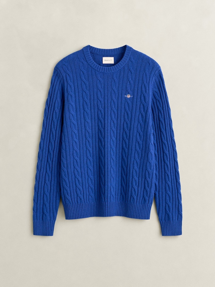 GANT Blue Lambswool Cable Knit Jumper - Image 1 of 2 GANT Blue Lambswool Cable Knit Jumper - Image 1 of 2