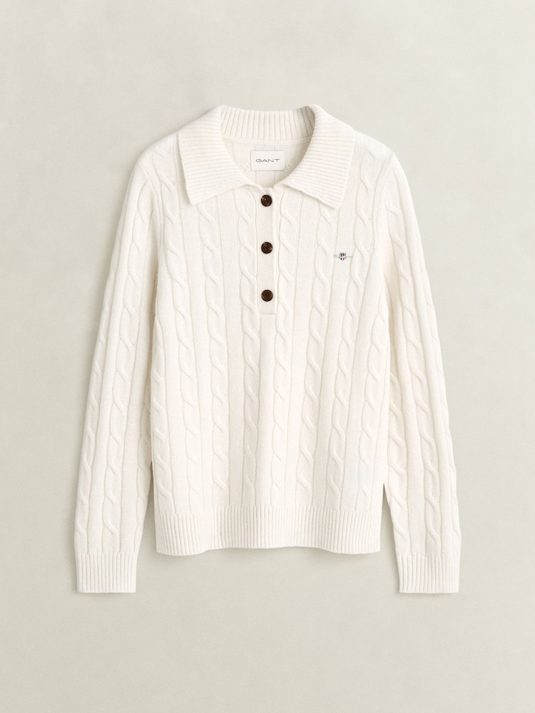GANT White Lambswool Cable Knit Rugby Shirt - Image 1 of 2 GANT White Lambswool Cable Knit Rugby Shirt - Image 1 of 2