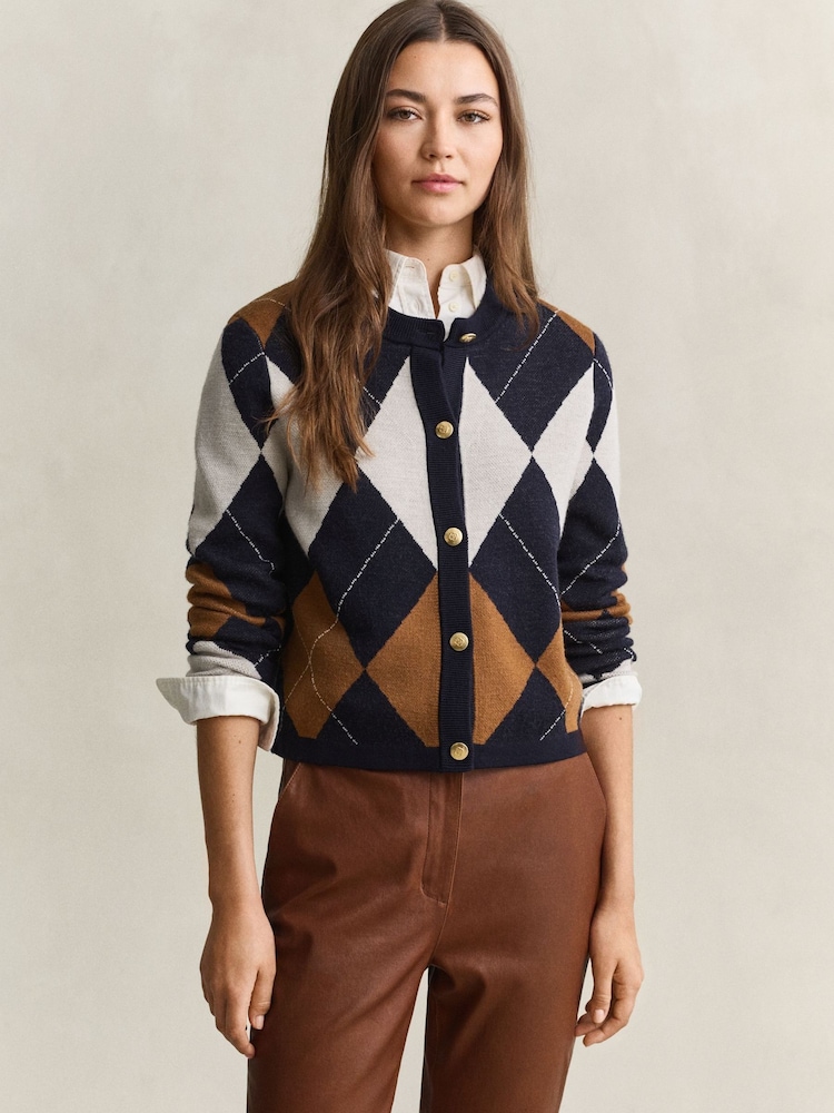 GANT Blue Argyle Button Through Cardigan - Image 1 of 5