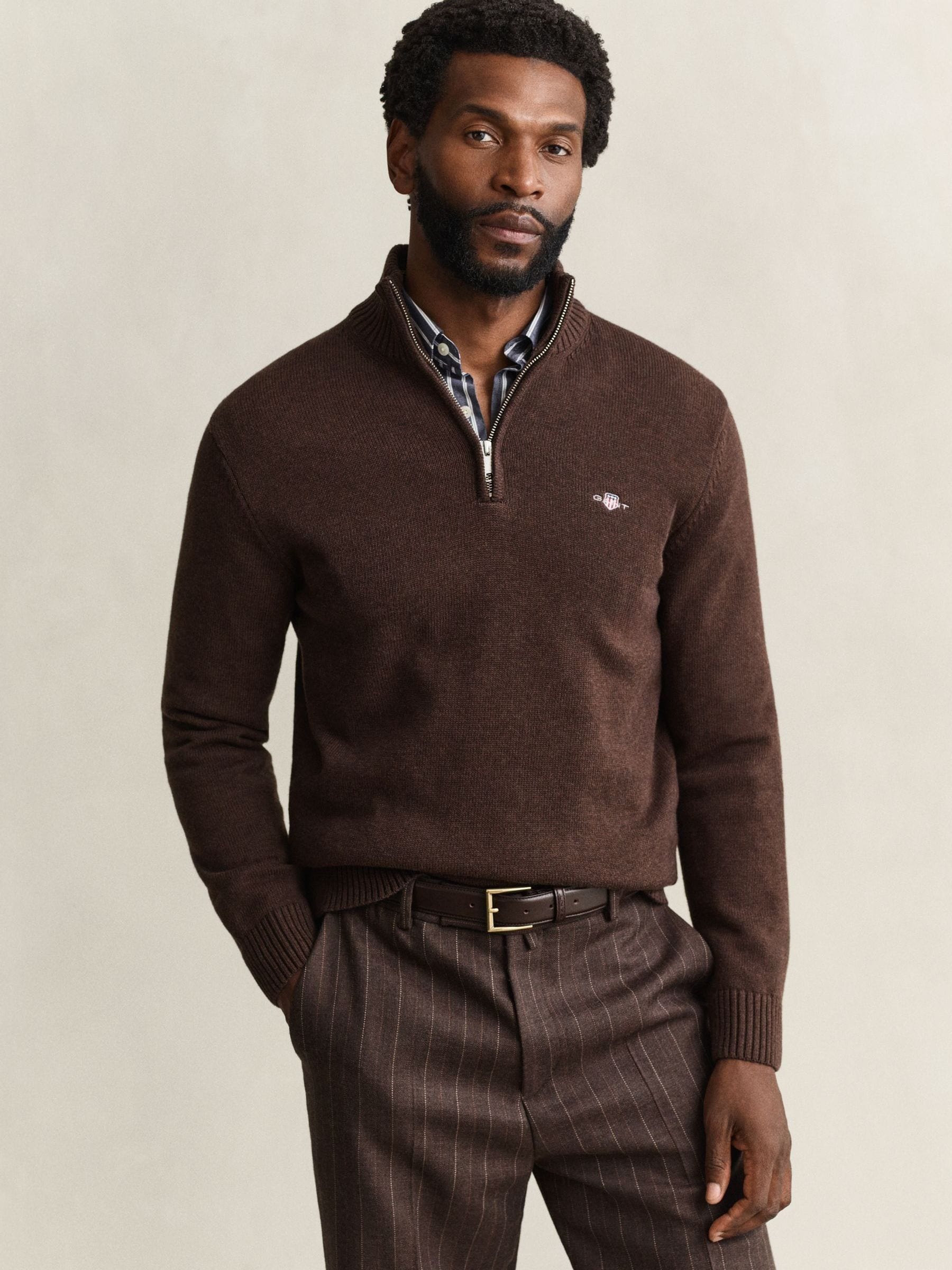 Gant Men's Brown Casual Cotton Half-Zip Sweater - Black Melange - M - Image 4