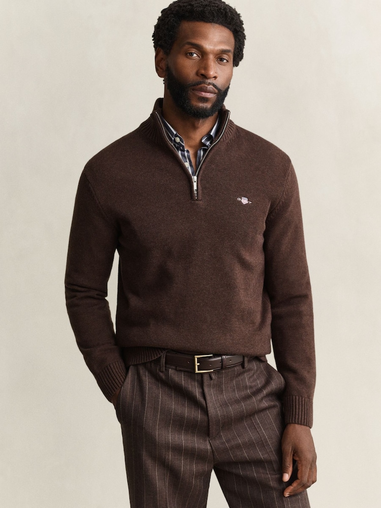 GANT Brown Zip Neck Jumper - Image 1 of 4 GANT Brown Zip Neck Jumper - Image 1 of 4