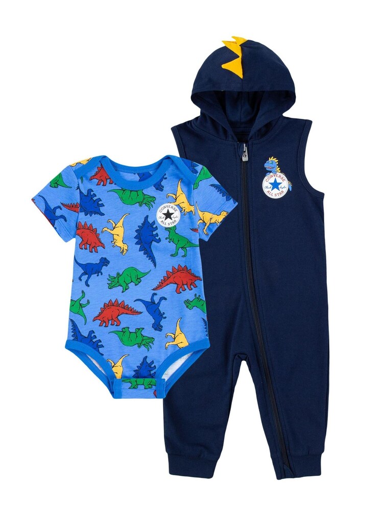 Converse Green Dinosaur Baby Hooded Romper With Bodysuit Set - Image 1 of 5