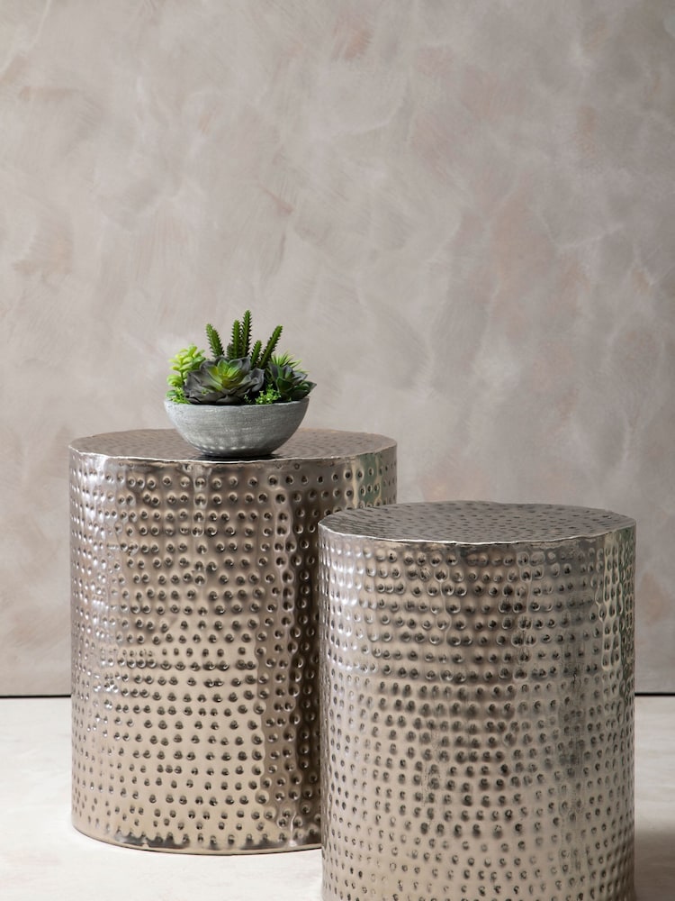 Fifty Five South Set of 2 Silver Templar Hammered Stools - Image 1 of 4