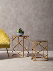 Fifty Five South Set of 2 Gold Avantis Round Side Tables With Mirror Top - Image 1 of 4