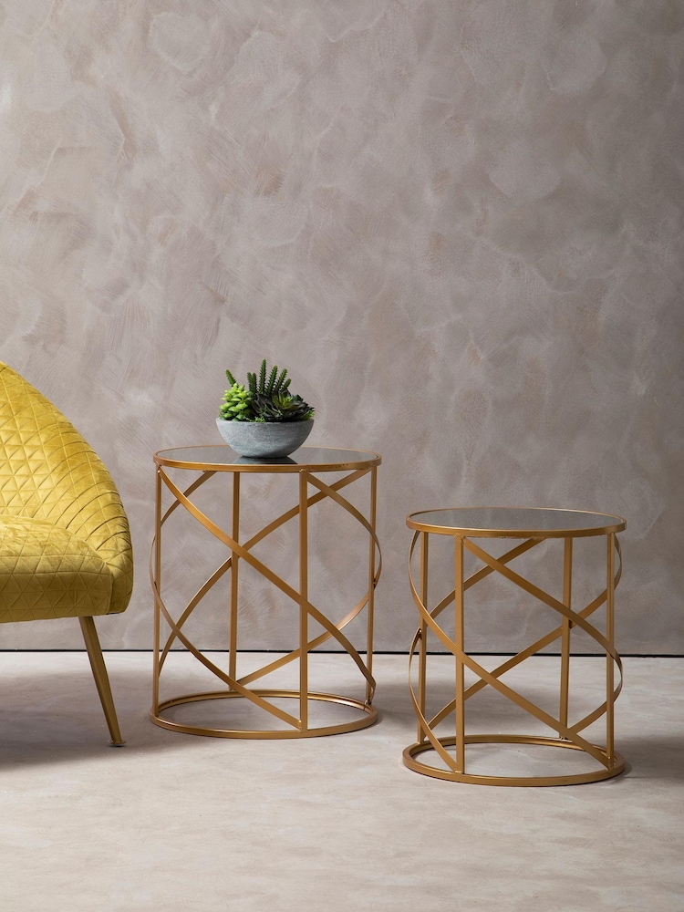 Fifty Five South Set of 2 Gold Avantis Round Side Tables With Mirror Top - Image 1 of 4