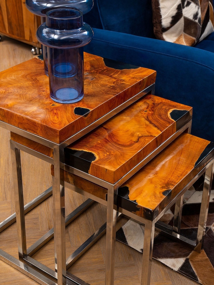 Fifty Five South Natural Surak Teak Wood Nest of 3 Tables - Image 1 of 6