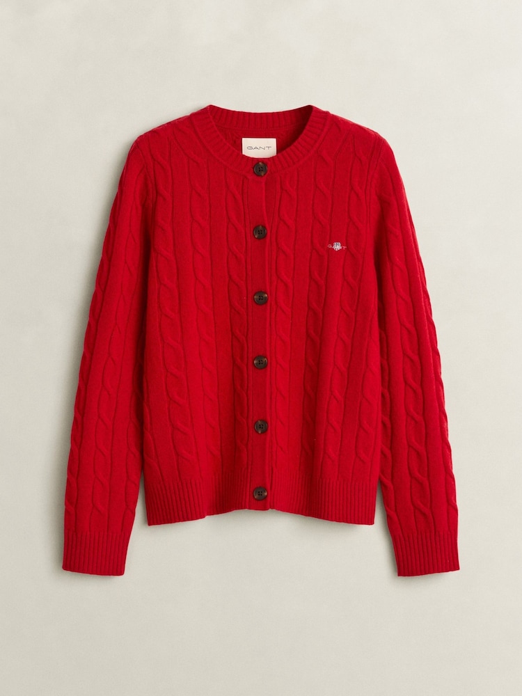 GANT Red Lambswool Cable Knit Cardigan - Image 1 of 2 GANT Red Lambswool Cable Knit Cardigan - Image 1 of 2