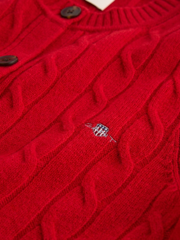 GANT Red Lambswool Cable Knit Cardigan - Image 2 of 2 GANT Red Lambswool Cable Knit Cardigan - Image 2 of 2