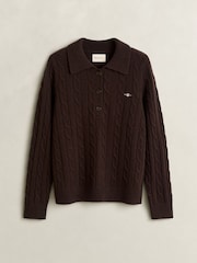 GANT Brown Lambswool Cable Knit Rugby Shirt - Image 1 of 2