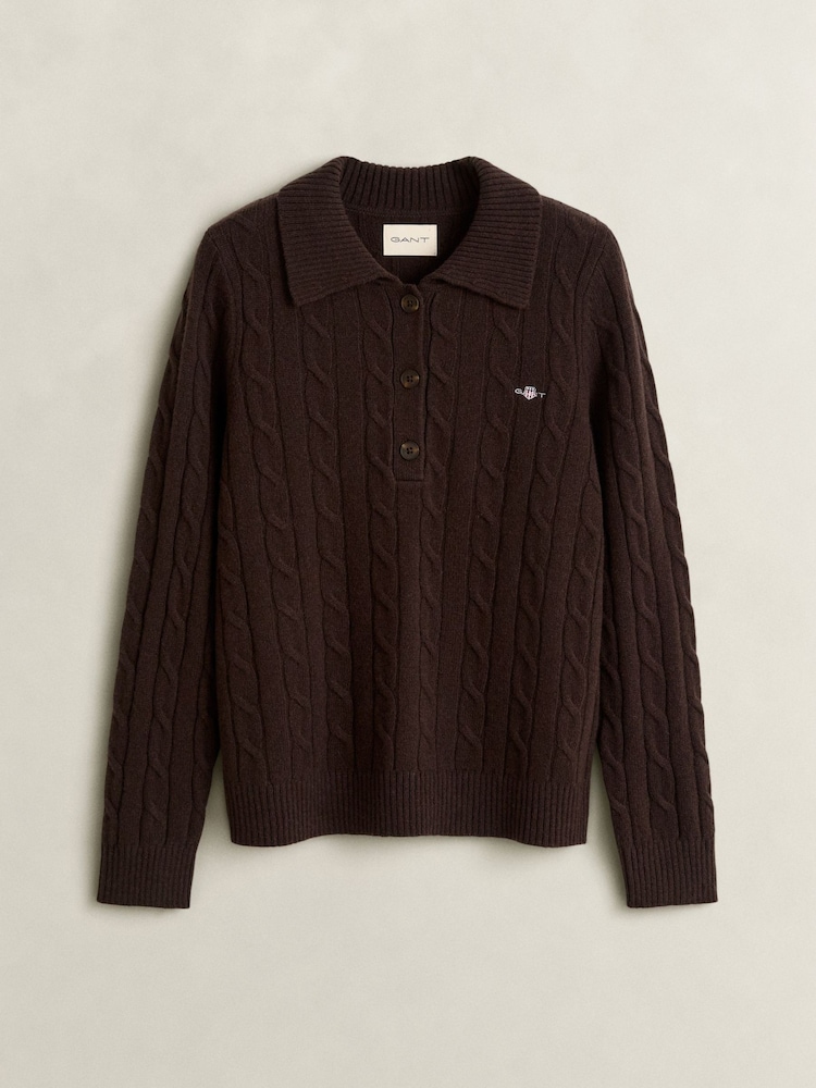 GANT Brown Lambswool Cable Knit Rugby Shirt - Image 1 of 2 GANT Brown Lambswool Cable Knit Rugby Shirt - Image 1 of 2