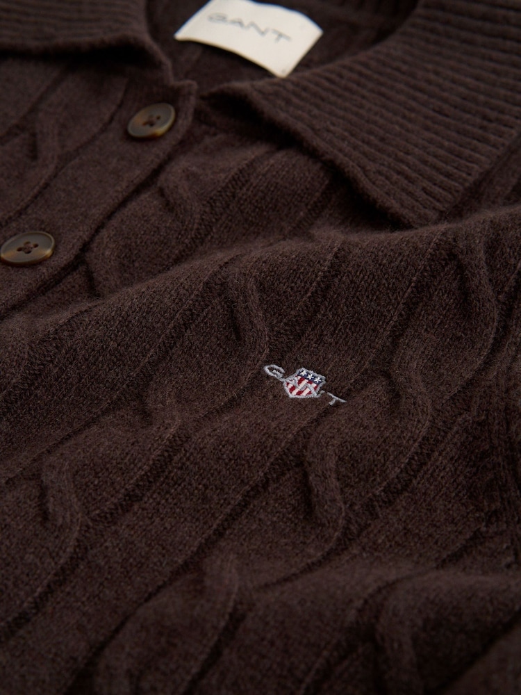 GANT Brown Lambswool Cable Knit Rugby Shirt - Image 2 of 2 GANT Brown Lambswool Cable Knit Rugby Shirt - Image 2 of 2