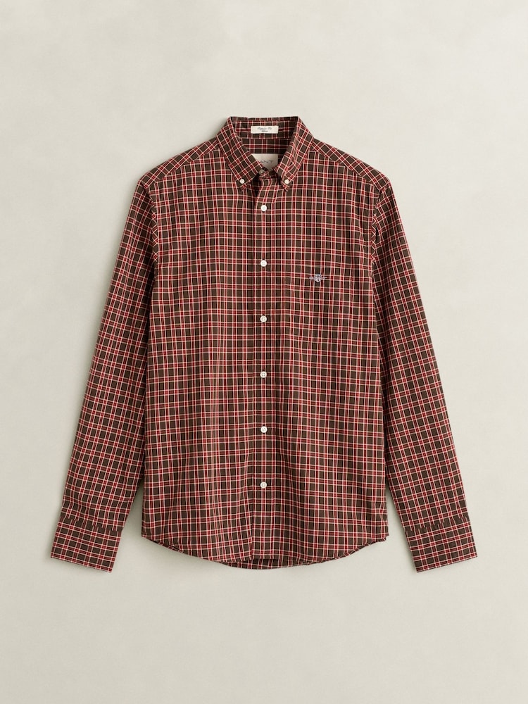 GANT Brown Regular Fit Poplin Check Shirt - Image 1 of 3 GANT Brown Regular Fit Poplin Check Shirt - Image 1 of 3