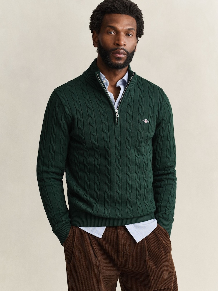 Grön - GANT Cable Knit Zip Neck Jumper - Bild 1 av 3