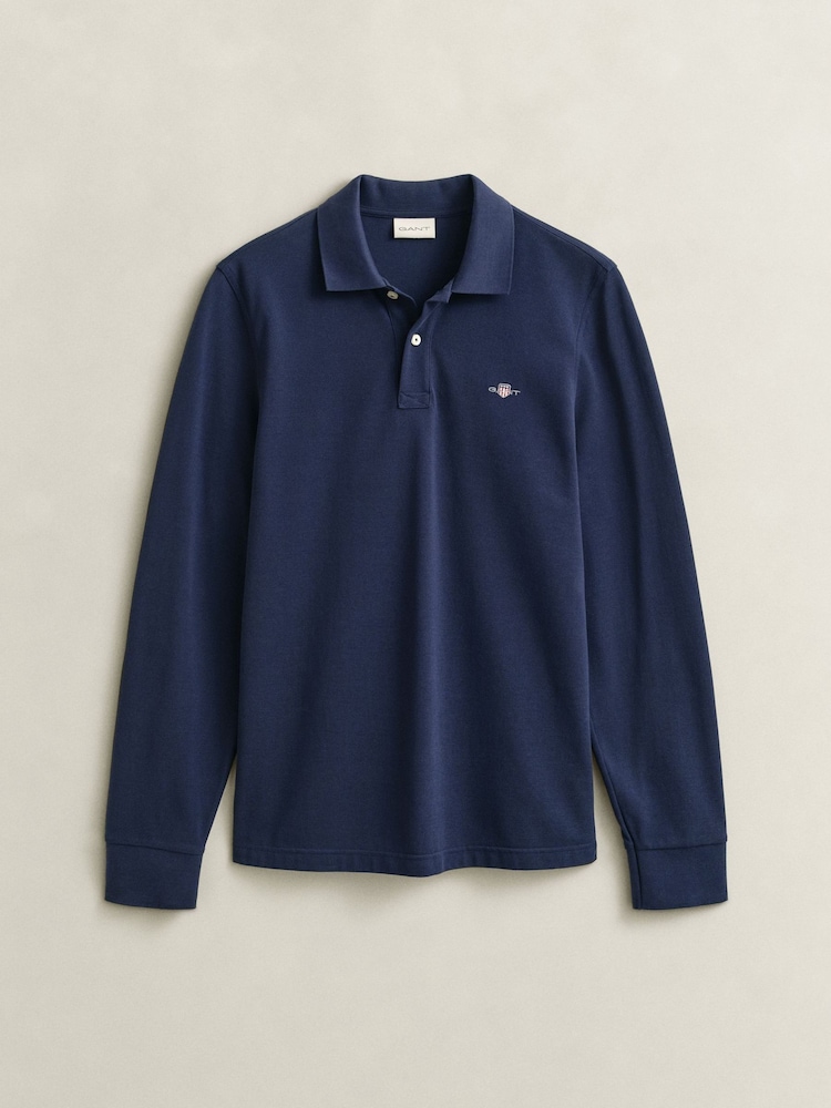 GANT Blue Long Sleeve Shield Logo Pique Polo Shirt - Image 5 of 5 GANT Blue Long Sleeve Shield Logo Pique Polo Shirt - Image 5 of 5