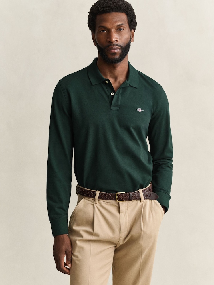 GANT Green Long Sleeve Shield Logo Pique Polo Shirt - Image 1 of 4 GANT Green Long Sleeve Shield Logo Pique Polo Shirt - Image 1 of 4