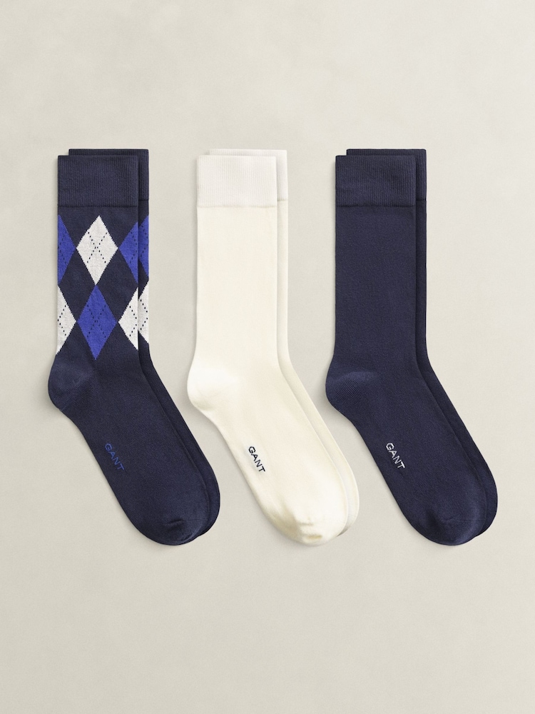 GANT Navy Blue Soft Cotton Argyle Socks 3 Pack - Image 1 of 1 GANT Navy Blue Soft Cotton Argyle Socks 3 Pack - Image 1 of 1