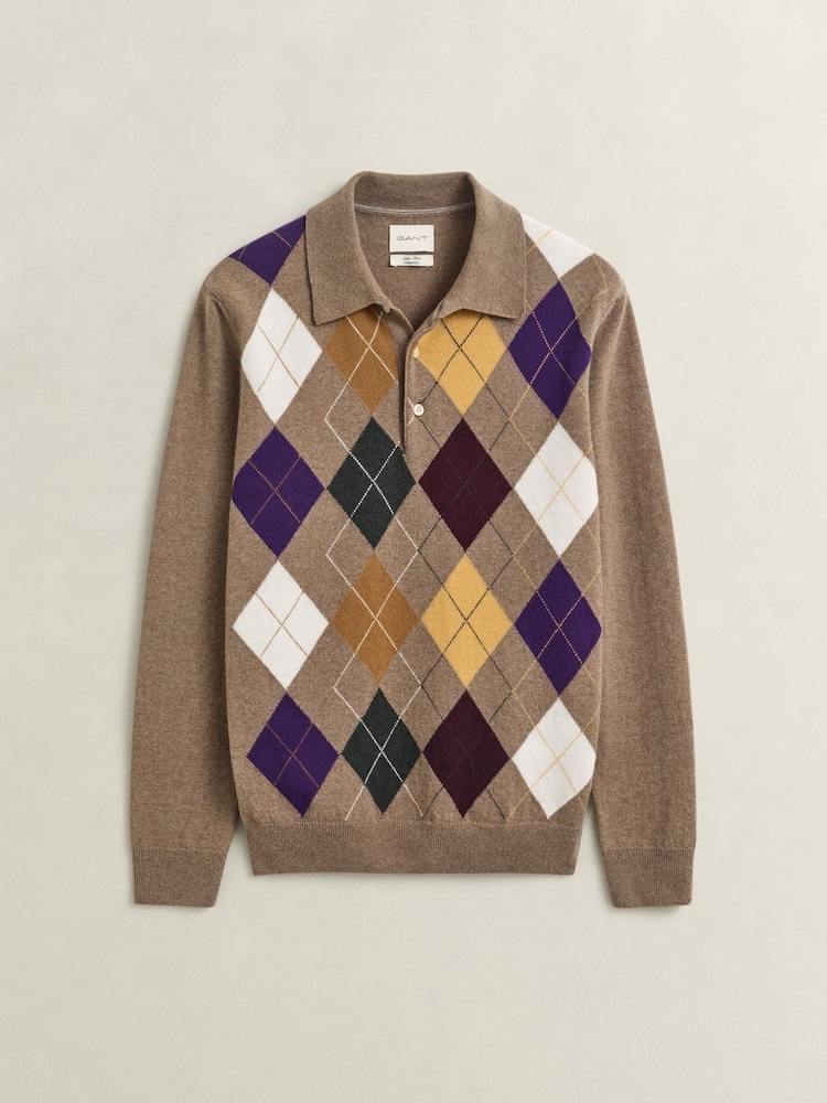 GANT Lambswool Long Sleeve Argyle Polo Shirt - Bild 6 von 6