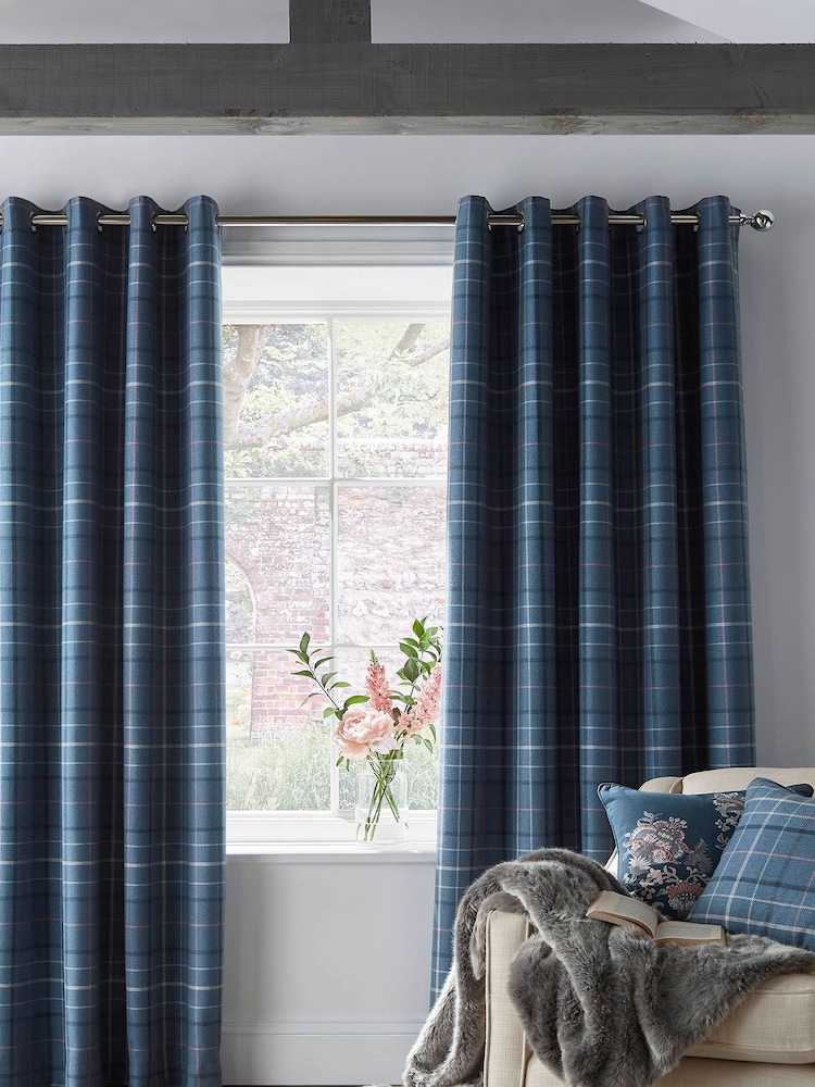 Laura Ashley Dark Seaspray Blue Alfriston Check Blackout/Thermal Blackout Lined  Eyelet Curtains - Image 1 of 3