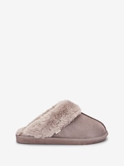 Beige Suede Faux Fur Lined Mule Slippers - Image 1 of 4